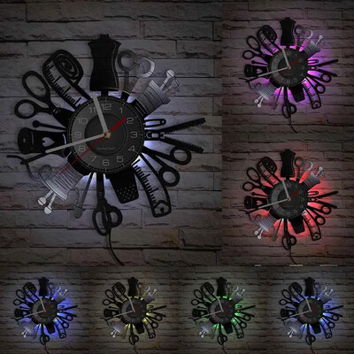 Винтидж шевна машина Стенен часовник Прошивка Винилова плоча Стенно изкуство Декоративен часовник Моден магазин Декорация на стена Табела Ретро идея за подарък