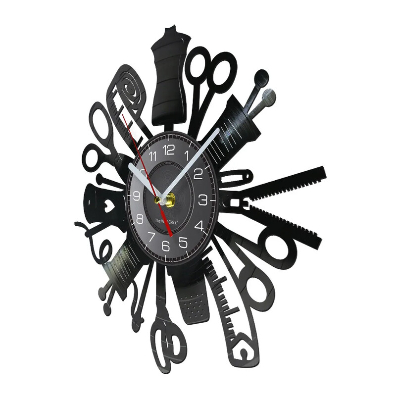 Винтидж шевна машина Стенен часовник Прошивка Винилова плоча Стенно изкуство Декоративен часовник Моден магазин Декорация на стена Табела Ретро идея за подарък