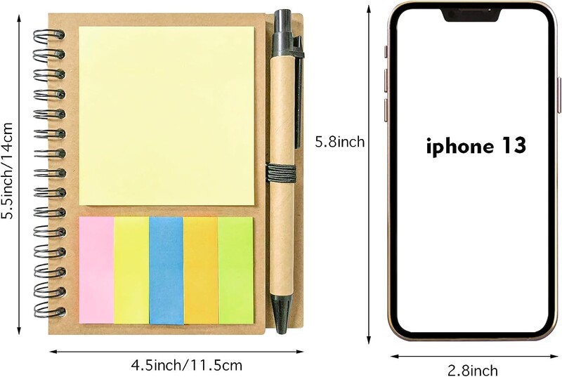 Бележник със спирала с подплата Kisdo Бележник с корици от крафт хартия с държач за писалка, лепкави бележки и маркер за страници, малък бизнес бележник