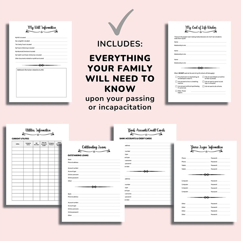 Gyvenimo pabaigos planuotojas Aš dabar miręs Kokių knygų planuotojo vadovaujamasi galutiniai susitarimai, kai manęs nebėra. Darbaknygės tvarkyklės bloknotas