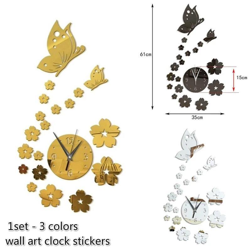 Акрилни стикери за огледала Стенен часовник Модерен дизайн Пеперуда 3D Направи си сам часовници за момиче Подарък Декорация на дома в хола