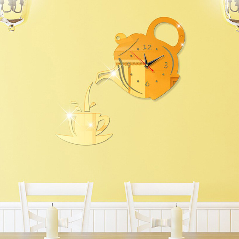 3D DIY teekannu kujuga seinakell akrüülpeegelkell Moodne köök Kodukaunistusega seinakleebis Õõnes digitaalkell Kell Kodukell