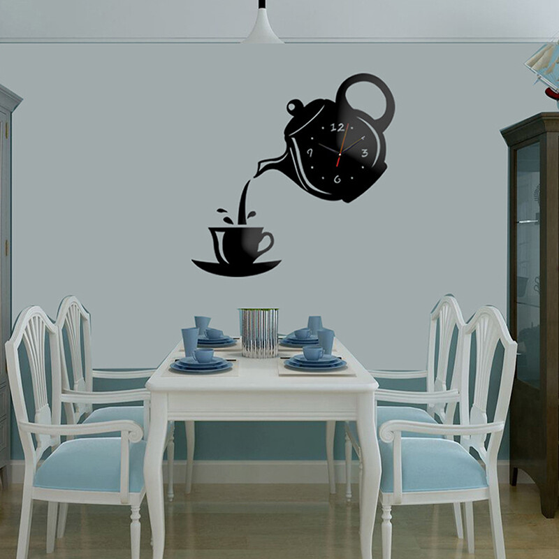 3D DIY teekannu kujuga seinakell akrüülpeegelkell Moodne köök Kodukaunistusega seinakleebis Õõnes digitaalkell Kell Kodukell