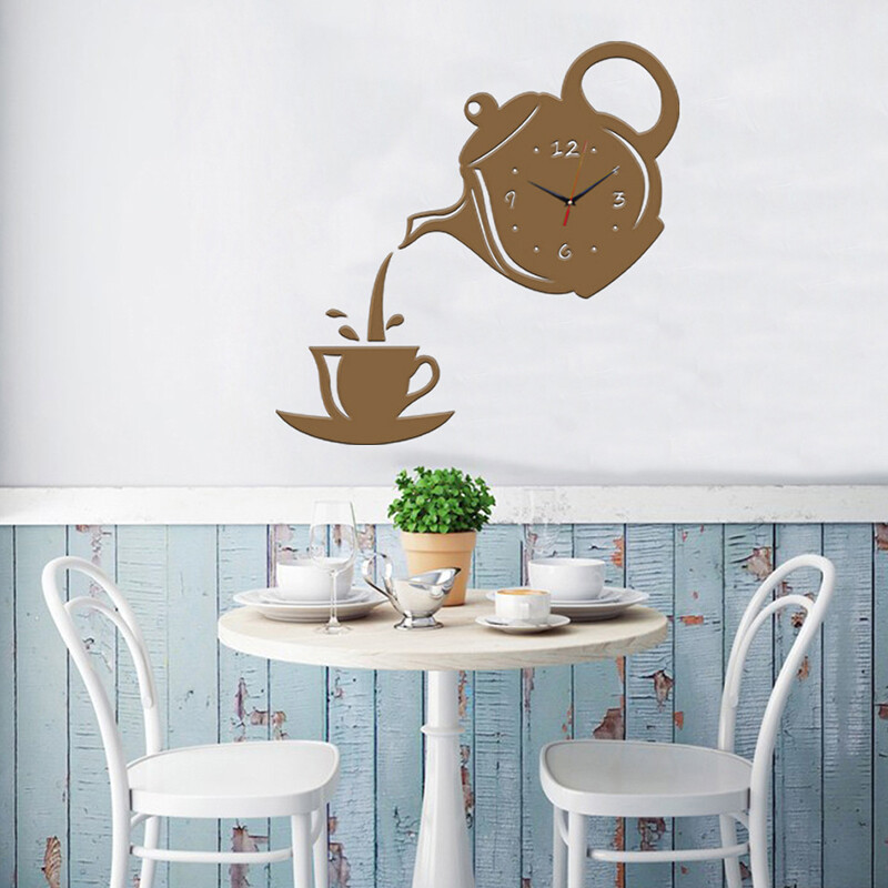 3D DIY teekannu kujuga seinakell akrüülpeegelkell Moodne köök Kodukaunistusega seinakleebis Õõnes digitaalkell Kell Kodukell