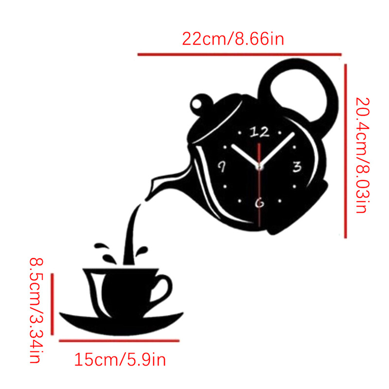 3D DIY teekannu kujuga seinakell akrüülpeegelkell Moodne köök Kodukaunistusega seinakleebis Õõnes digitaalkell Kell Kodukell