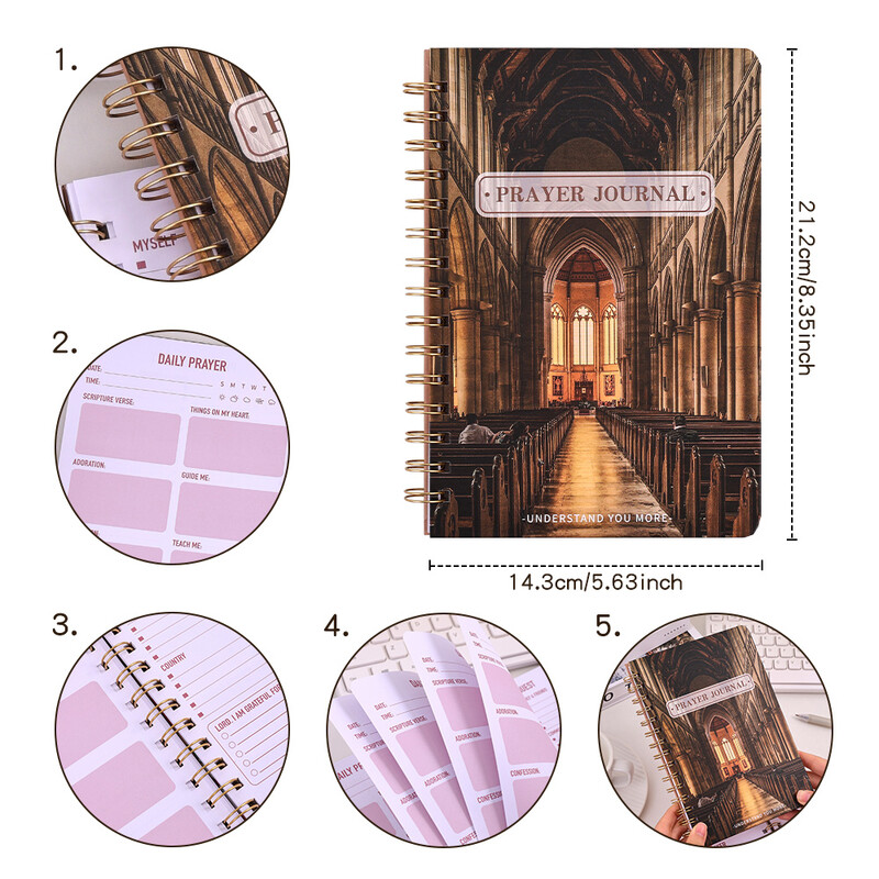 48 lapų senovinis kietas viršelis spirale surištas maldos žurnalas Kasdienis atsidavimo Biblijos studijų sąsiuvinis su vadovaujama maldos planavimo priemone