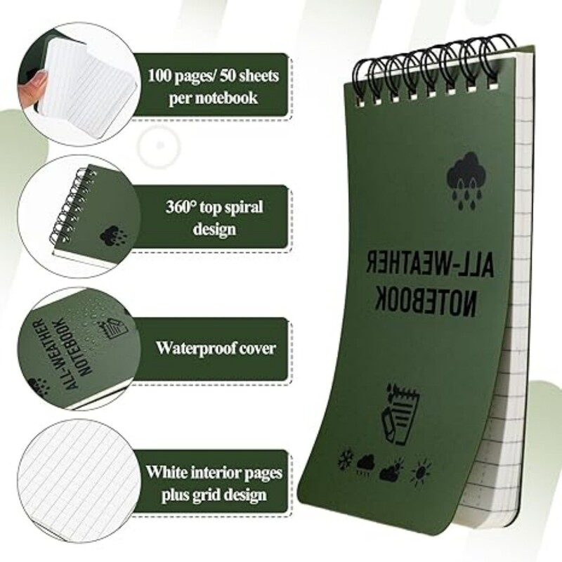 Veekindlad taskumärkmikud taktikalised iga ilmaga vooderdatud lehtedega taskumärkmikud, spiraalsed sülearvuti minimärkmikud