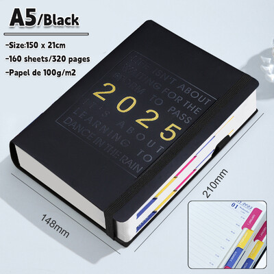 Януари-декември 2025 г. Планер Испански език Тетрадка A5 PU кожена корица Планер за училищен дневен ред Седмичен Месечен дневник Организатор