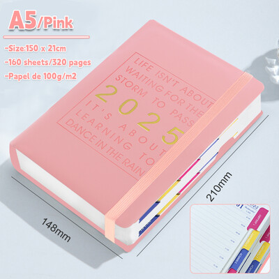 Януари-декември 2025 г. Планер Испански език Тетрадка A5 PU кожена корица Планер за училищен дневен ред Седмичен Месечен дневник Организатор