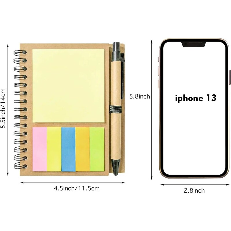 Radoši izklāta spirālveida piezīmjdatora kraftpapīra vāka piezīmju grāmatiņa ar pildspalvas turētāju Līmlapu lappušu marķieris Biroja skolas piederumi