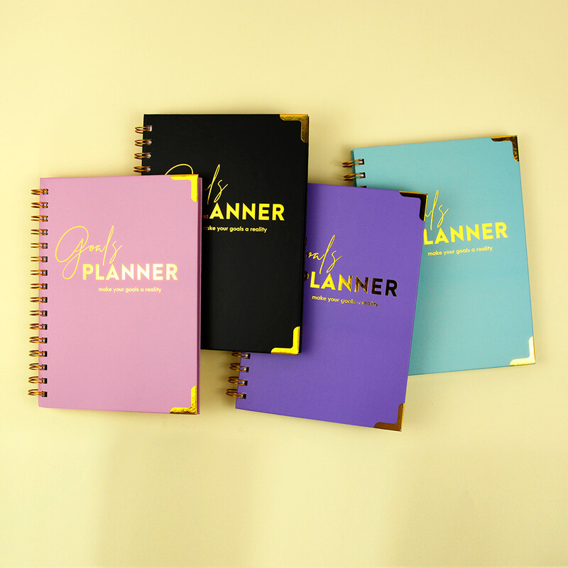Розово, черно, виолетово, синьо, тетрадка с нов план за цели, тетрадка, тетрадка с бобина