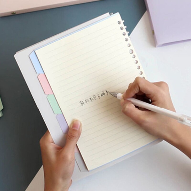 Pehme A5 köitjaga märkmik pastelsete indeksijaoturitega. Täidetav reskont siselehe pastelsetes värvides eemaldatav lahtiste lehtedega märkmik