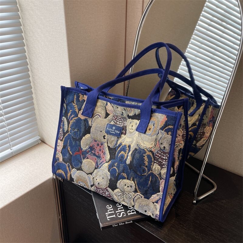 Moterų animacinių filmų meškų drobinis krepšys Didelės talpos trumpo nuotolio kelionių nešiojamasis per petį skirtas pirkinių krepšys