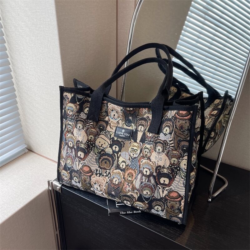 Moterų animacinių filmų meškų drobinis krepšys Didelės talpos trumpo nuotolio kelionių nešiojamasis per petį skirtas pirkinių krepšys