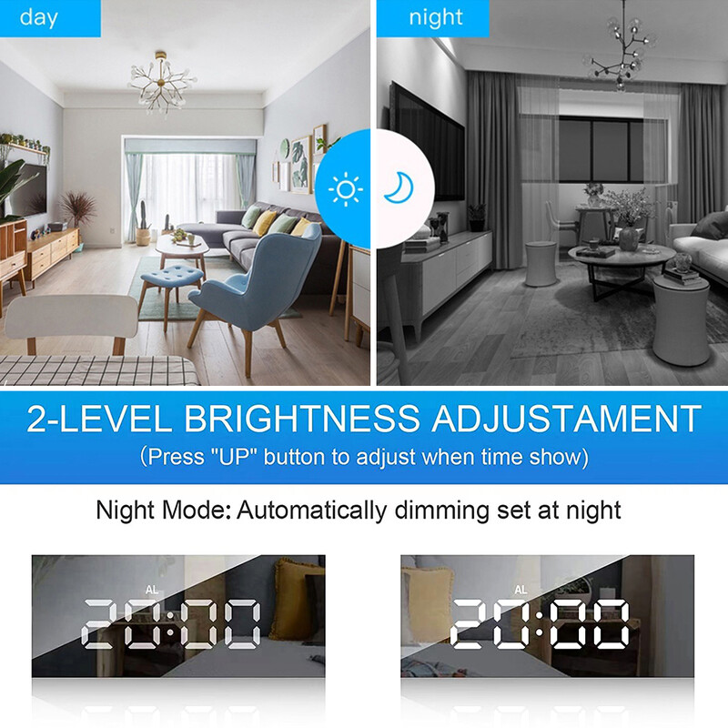 Afișaj cu oglindă cu LED Ceas de orar Dormitor Noptiera Ceas electronic digital Alimentare USB Birou Birou Ceas cu alarmă Decor acasă