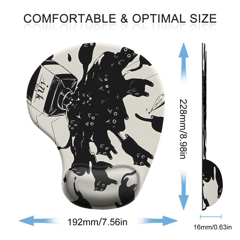 Black Cat And Ink Mouse Pad pentru încheietura mâinii 3D Ergonomic Moale Anti-alunecare Suport pentru încheietura mâinii Mat Suport Mouse Pad pentru computer pentru birou PC
