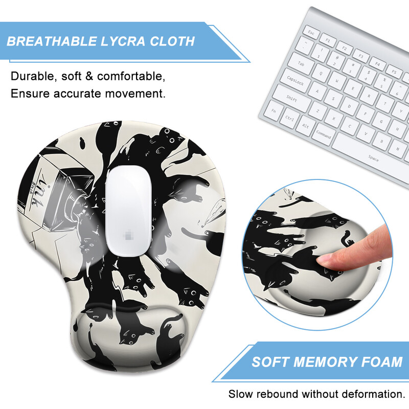 Black Cat And Ink Mouse Pad pentru încheietura mâinii 3D Ergonomic Moale Anti-alunecare Suport pentru încheietura mâinii Mat Suport Mouse Pad pentru computer pentru birou PC