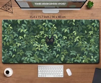 Covoraș de birou Kawaii Pisică neagră Mousepad Plante estetice Natură Covor laptop Mousepad rotund Covoraș mare de birou Covoraș de joc verde drăguț