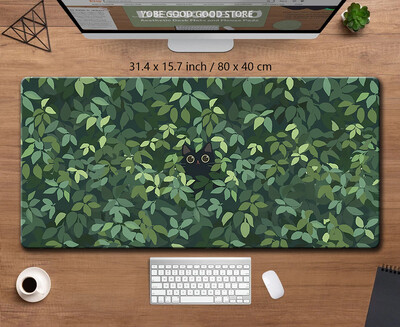 Covoraș de birou Kawaii Pisică neagră Mousepad Plante estetice Natură Covor laptop Mousepad rotund Covoraș mare de birou Covoraș de joc verde drăguț