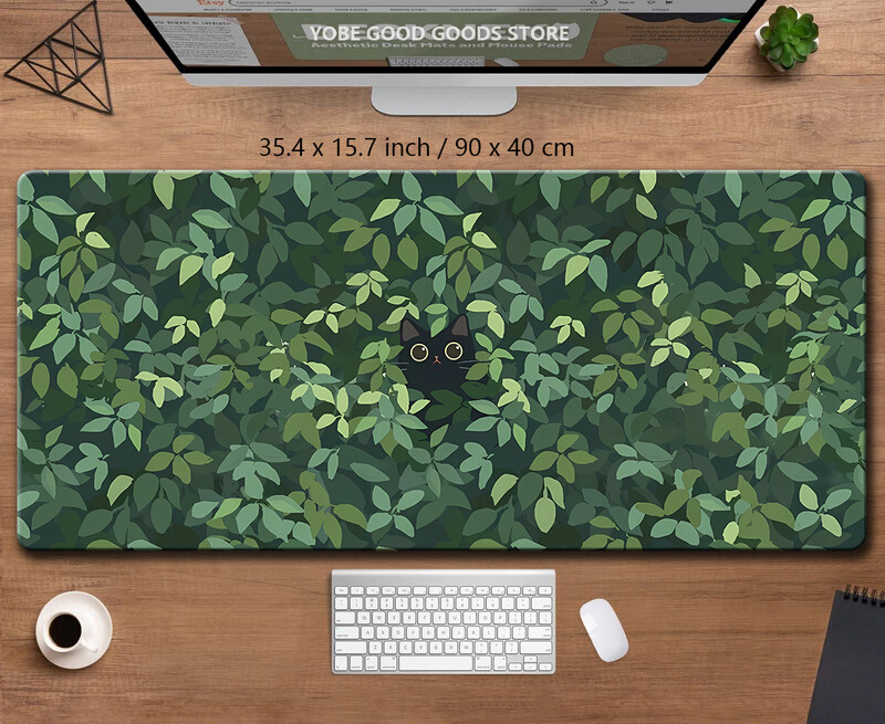 Covoraș de birou Kawaii Pisică neagră Mousepad Plante estetice Natură Covor laptop Mousepad rotund Covoraș mare de birou Covoraș de joc verde drăguț