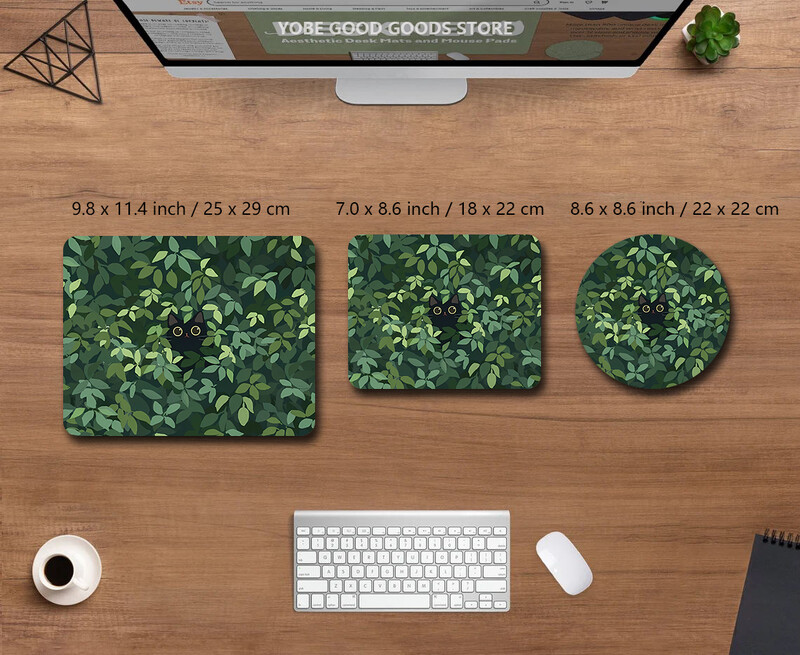 Covoraș de birou Kawaii Pisică neagră Mousepad Plante estetice Natură Covor laptop Mousepad rotund Covoraș mare de birou Covoraș de joc verde drăguț