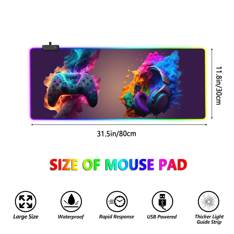 Model căști pentru gaming Mouse Pad pentru gaming cu lumină RGB - Moduri de lumină Buton de control extins, moale, tastatură de computer Covoraș anti-alunecare