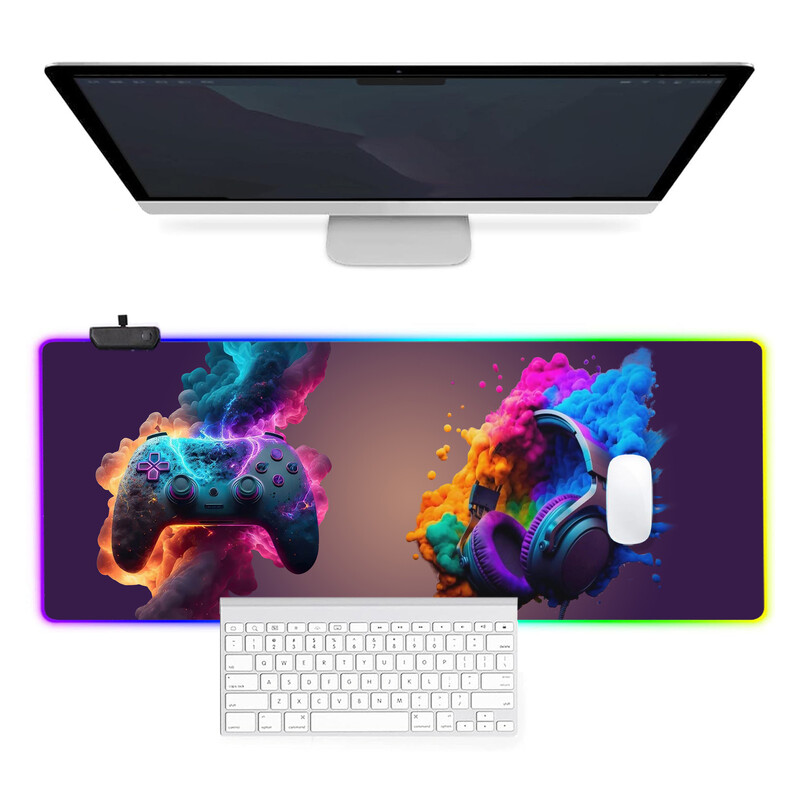 Model căști pentru gaming Mouse Pad pentru gaming cu lumină RGB - Moduri de lumină Buton de control extins, moale, tastatură de computer Covoraș anti-alunecare