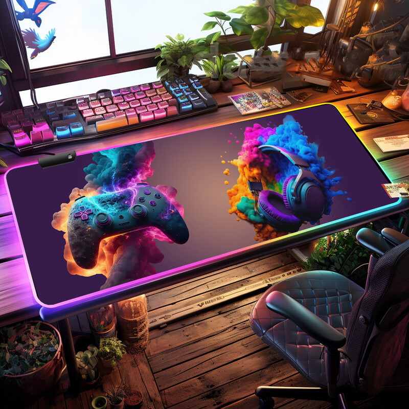 Model căști pentru gaming Mouse Pad pentru gaming cu lumină RGB - Moduri de lumină Buton de control extins, moale, tastatură de computer Covoraș anti-alunecare