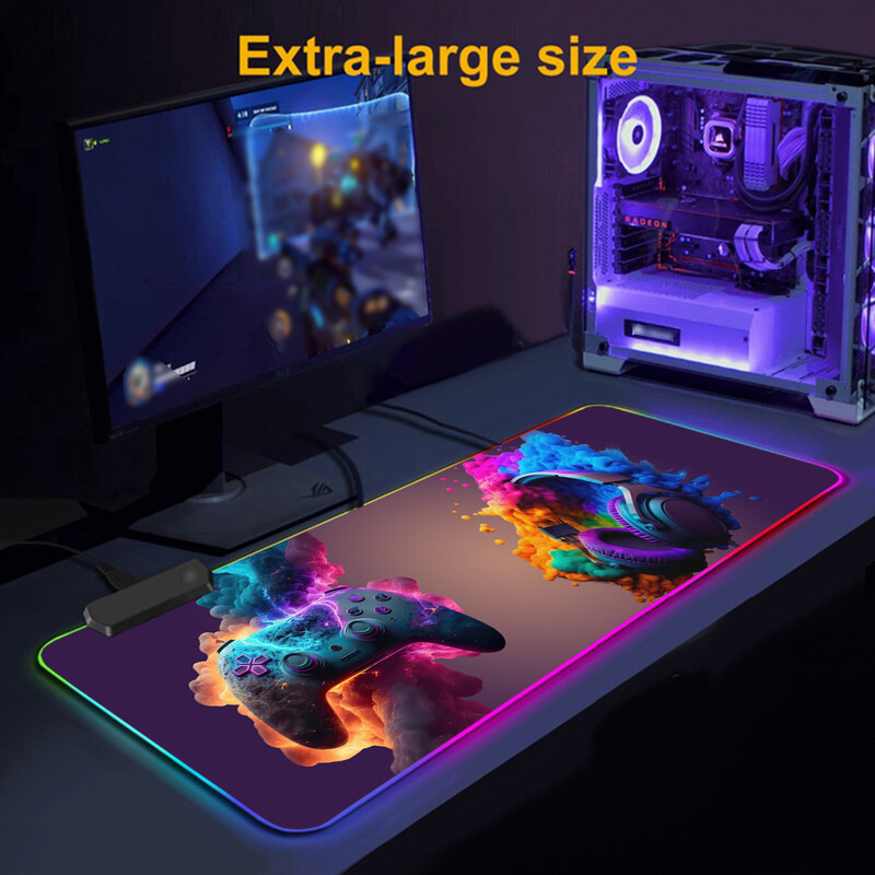 Model căști pentru gaming Mouse Pad pentru gaming cu lumină RGB - Moduri de lumină Buton de control extins, moale, tastatură de computer Covoraș anti-alunecare