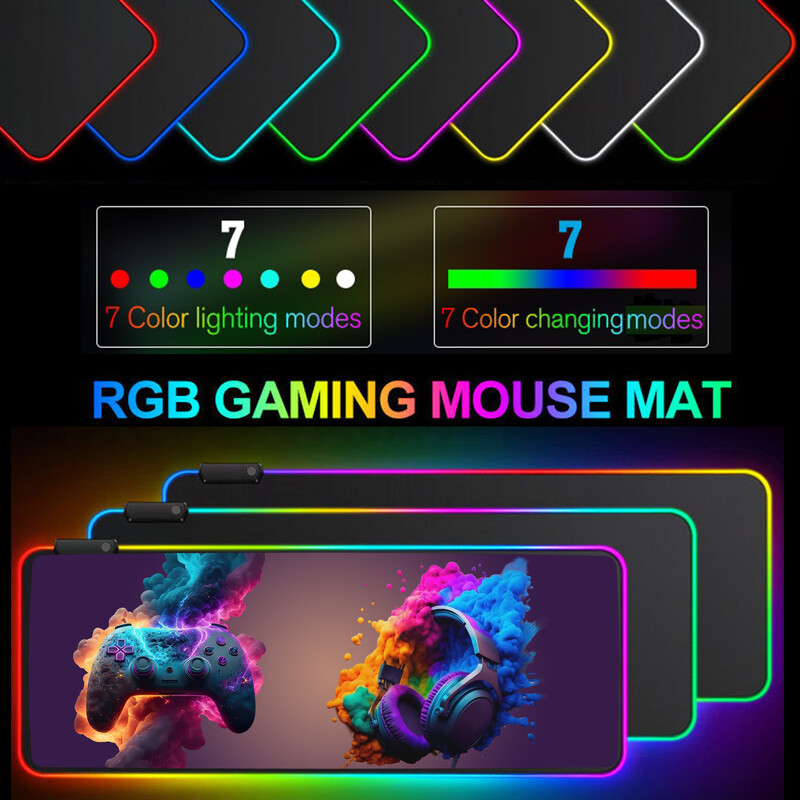Model căști pentru gaming Mouse Pad pentru gaming cu lumină RGB - Moduri de lumină Buton de control extins, moale, tastatură de computer Covoraș anti-alunecare