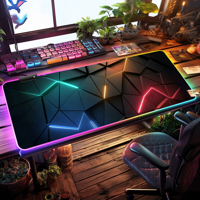 Cool Geometry Pattern RGB Light Gaming Mouse Pad - Light Modes Button Control Extended Soft Computer Keyboard Mat Нехлъзгаща се