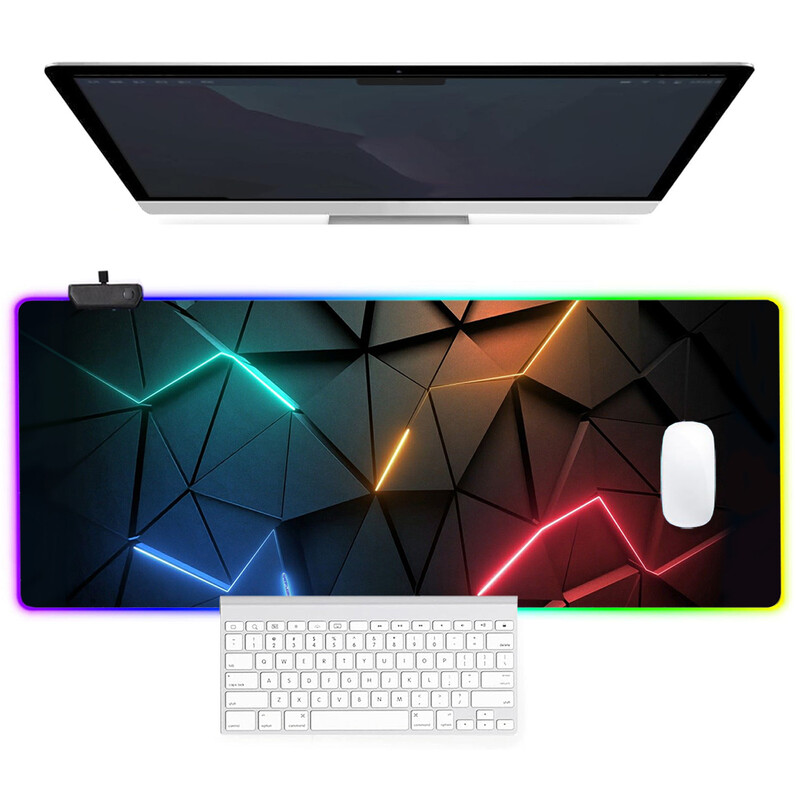 Cool Geometry Pattern RGB Light Gaming Mouse Pad - Light Modes Button Control Extended Soft Computer Keyboard Mat Нехлъзгаща се