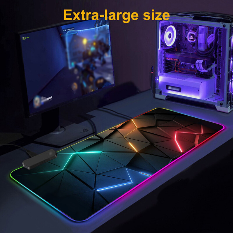 Cool Geometry Pattern RGB Light Gaming Mouse Pad - Light Modes Button Control Extended Soft Computer Keyboard Mat Нехлъзгаща се