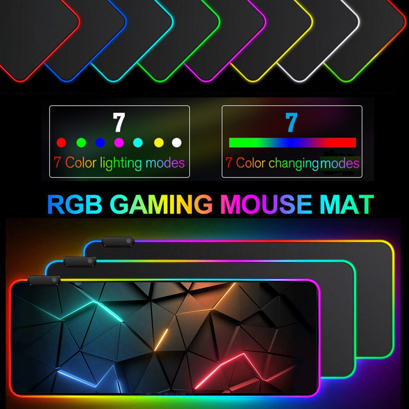 Cool Geometry Pattern RGB Light Gaming Mouse Pad - Light Modes Button Control Extended Soft Computer Keyboard Mat Нехлъзгаща се