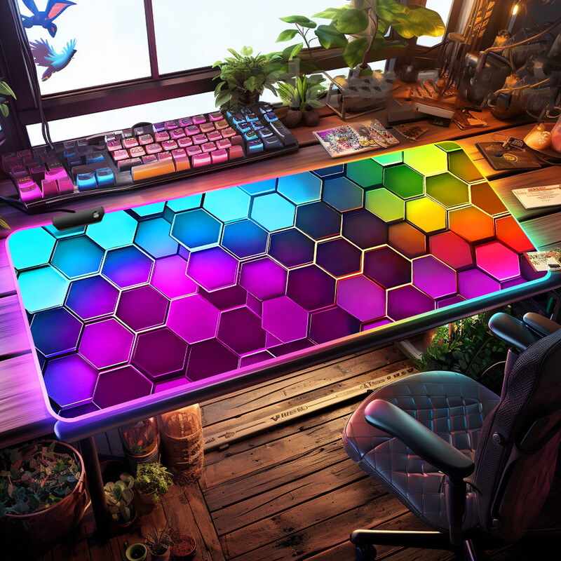 Gradient de culoare Hexagon RGB Light Gaming Mouse Pad - Moduri de iluminare Buton Control Computer Tastatură Covoraș antiderapant din cauciuc
