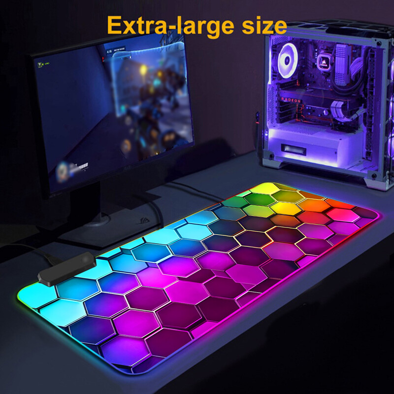 Gradient de culoare Hexagon RGB Light Gaming Mouse Pad - Moduri de iluminare Buton Control Computer Tastatură Covoraș antiderapant din cauciuc
