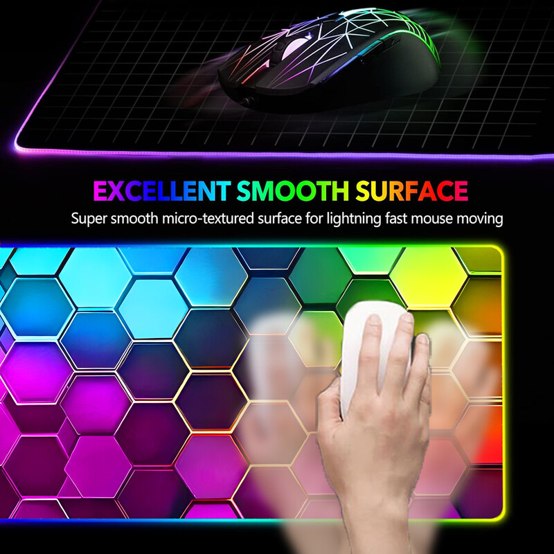 Gradient de culoare Hexagon RGB Light Gaming Mouse Pad - Moduri de iluminare Buton Control Computer Tastatură Covoraș antiderapant din cauciuc