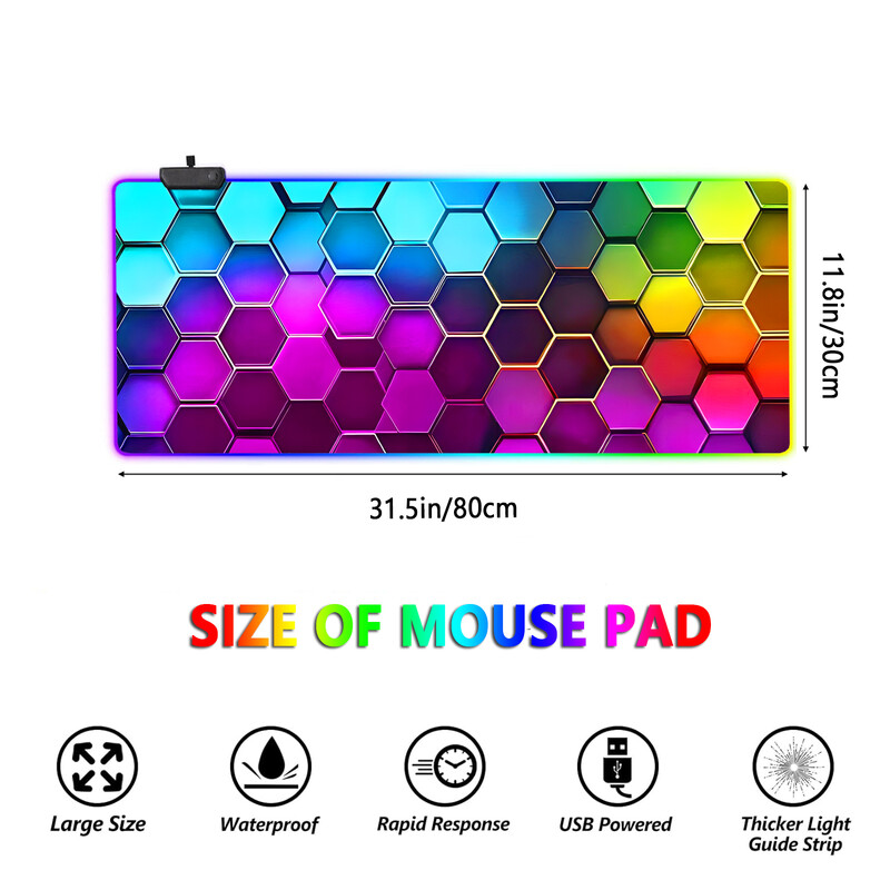 Gradient de culoare Hexagon RGB Light Gaming Mouse Pad - Moduri de iluminare Buton Control Computer Tastatură Covoraș antiderapant din cauciuc