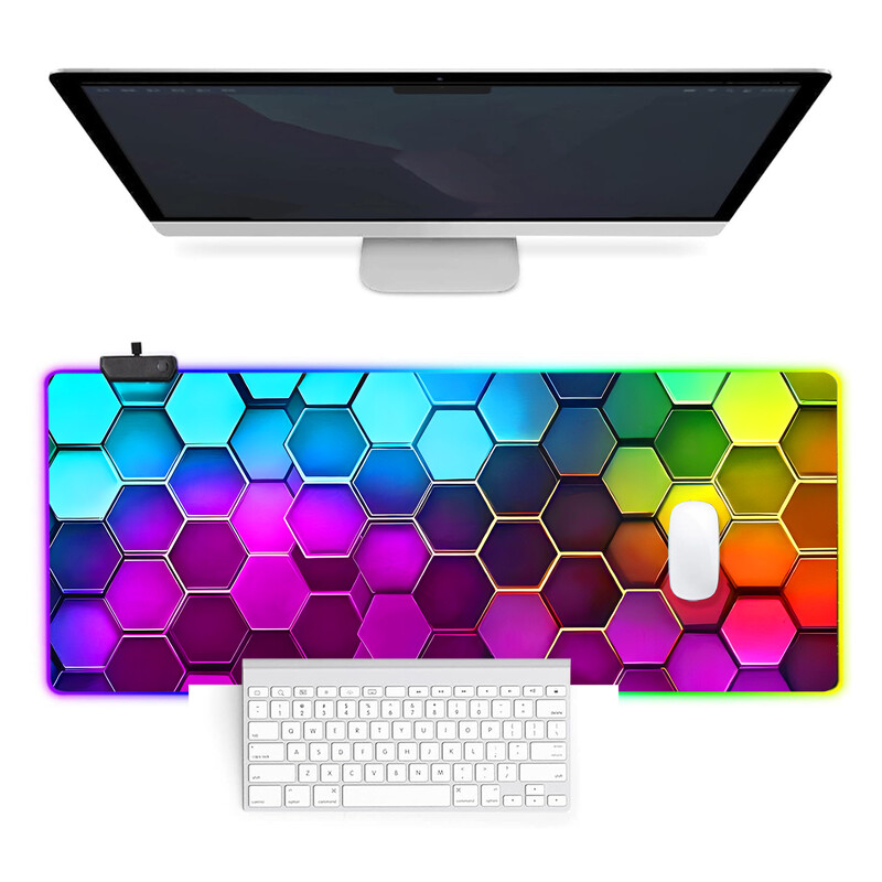 Gradient de culoare Hexagon RGB Light Gaming Mouse Pad - Moduri de iluminare Buton Control Computer Tastatură Covoraș antiderapant din cauciuc