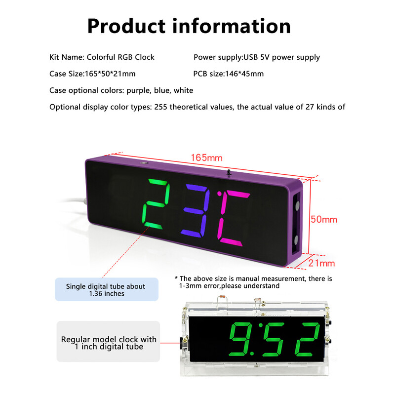 Настолен часовник RGB Ослепителен цветен цифров дисплей Направи си сам Седалка Настолен часовник Дата Температура Прост вятър Направи си сам Комплект Упражнение за заваряване