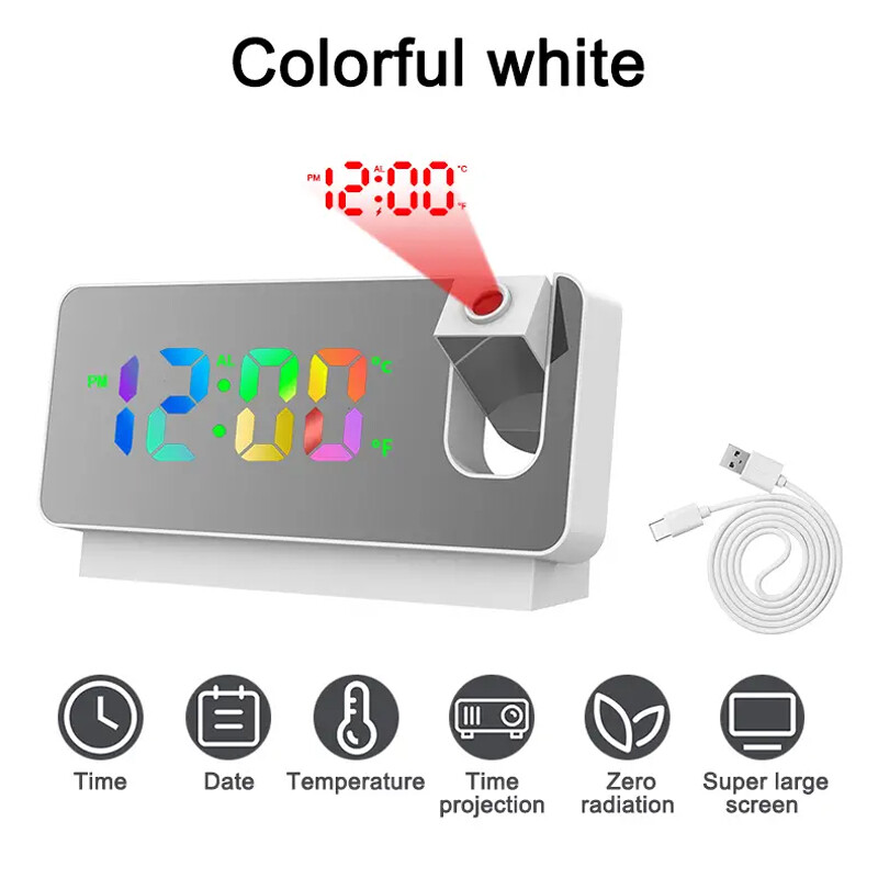 Многофункционален въртящ се прожекционен будилник, LED безшумен цветен екран, подарък за прожектиране на тавана в спалнята, часовник за домашен декор
