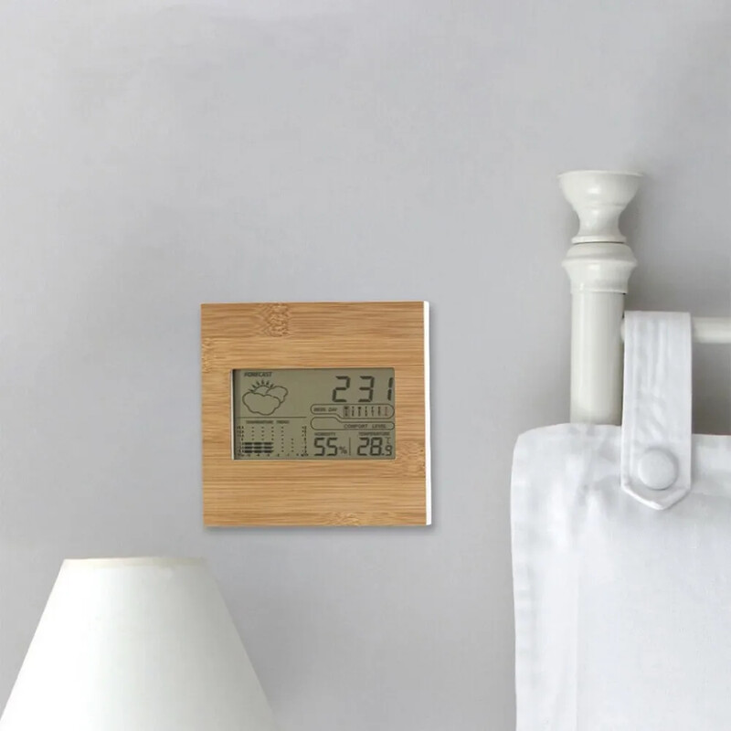 Цифров часовник Десктоп Температура LCD Електронен термометър Настолен Хигрометър Работен от батерии Час Дата Календар Дървено лице