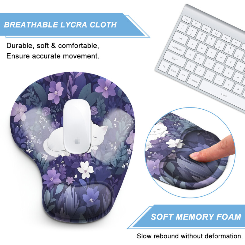 1 bucată Pisica albă întinsă pe flori Mouse Pad ergonomic moale anti-alunecare suport pentru încheietura mâinii Mat suport mouse Pad computer pentru birou PC