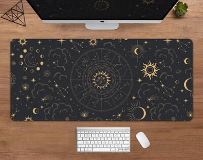 Подложка за бюро Constellation Astrology Mousepad Gold Black Zodiac Wheel Space Galaxy Stars Moon XXL Large Astrology Gaming Mouse Pad