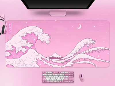 Covoraș de birou Kawaii Roz Wave Drăguț Pastel Anime Estetică Moon and Ocean Mouse Pad XXL japonez Gaming Mousepad Gamer 900x400