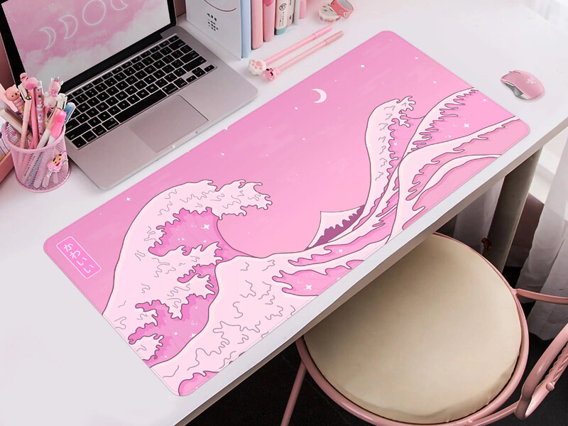 Covoraș de birou Kawaii Roz Wave Drăguț Pastel Anime Estetică Moon and Ocean Mouse Pad XXL japonez Gaming Mousepad Gamer 900x400