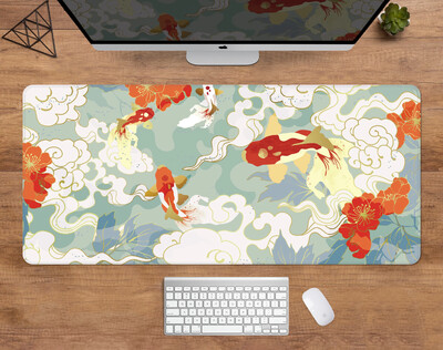 Японска подложка за мишка Koi Desk mat Minimal Japan Mousepad Gold Blue Anime Aesthetics XXL Gaming Deskmat Nature Large Mouse Pad 90x40