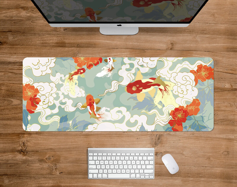 Mousepad japonez Koi Covoraș de birou Minimal Japan Mousepad Aur Albastru Anime Aesthetics XXL Gaming Deskmat Nature Tampă de mouse mare 90x40