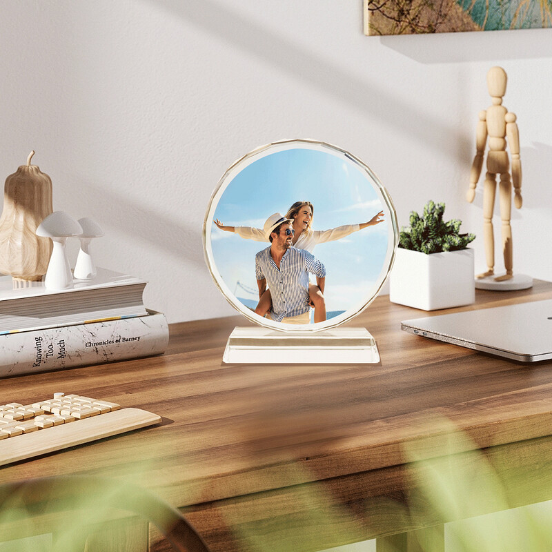 Ramă personalizată gratuită din sticlă de cristal în formă de cerc Rama foto cu fotografii personalizate Album foto pentru cadou de aniversare pentru decorarea casei
