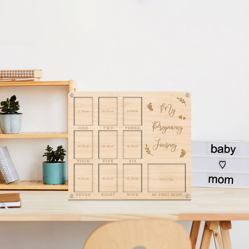 My Pregnancy Journey Placă foto cu 2 straturi - 10 sloturi pentru fotografii pentru 9 luni și ultrasunete - Display din lemn pentru suveniruri pentru bebeluș
